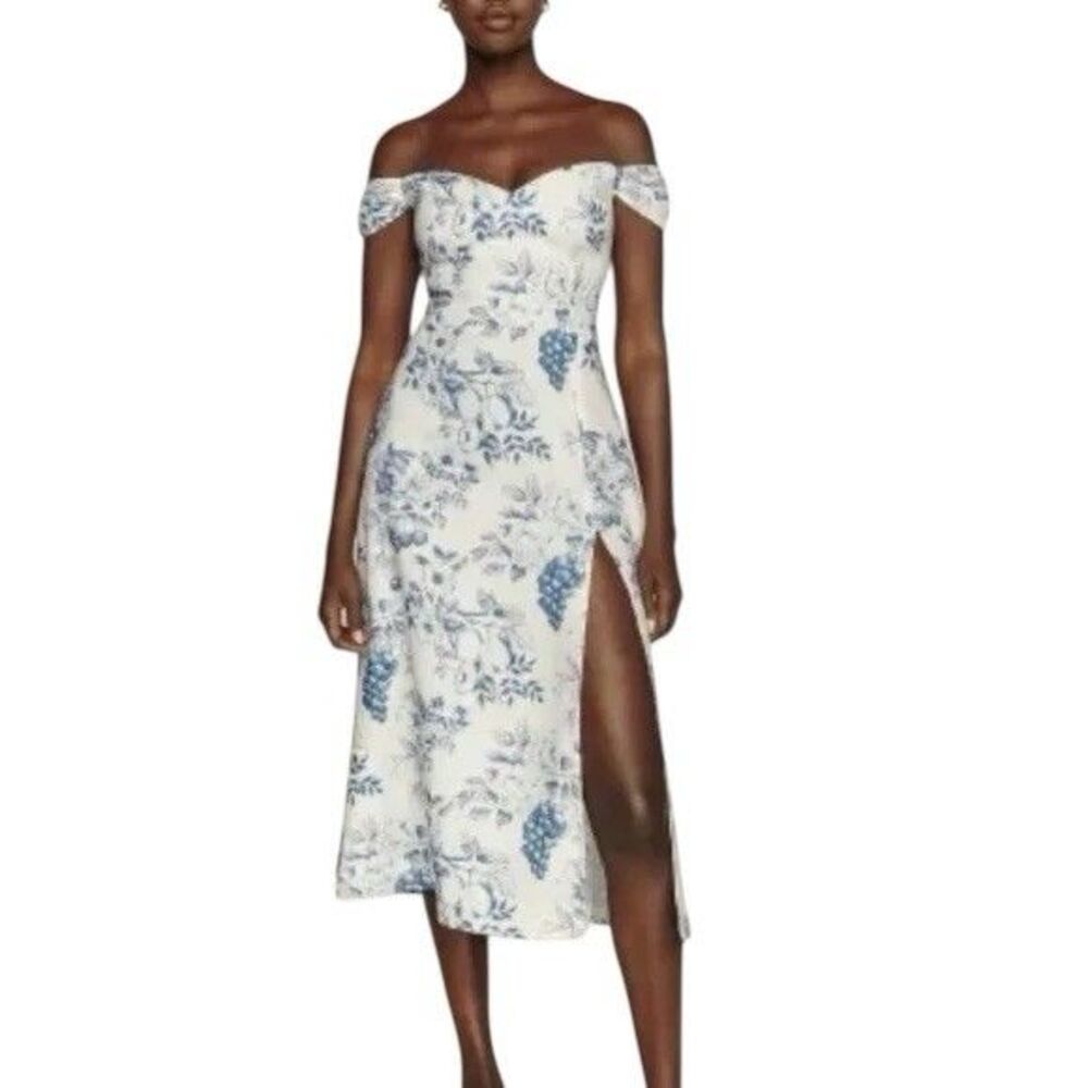 Reformation Bridgton 100% Linen Midi Dress Corsica Blue Floral 0 Off Shoulder